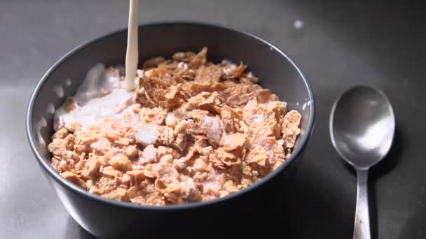 Tazón con desayuno de cereales y leche — Vídeo de stock