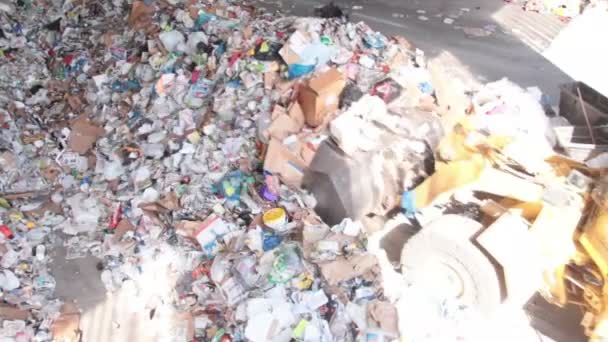 Передний погрузчик перемещает мусор в центре переработки отходов (4 из 9 ) — стоковое видео