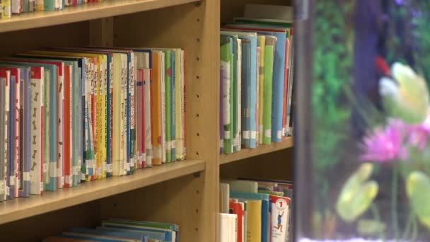 Serbatoio di pesce vicino ai libri per bambini sugli scaffali della biblioteca (2 di 2 ) — Video Stock