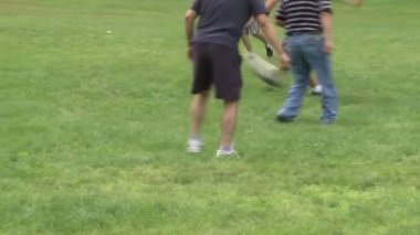 Bir piknikte bir parkta futbol oynayan çocuklar