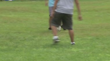 Bir piknikte bir parkta futbol oynayan çocuklar