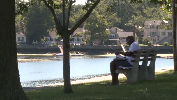 Muž sedí na lavičce s výhledem na vodu, třídění dokumentů. (část 2 ze 2) — Stock video