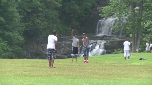 Giovani che giocano a palla in un parco con una cascata sullo sfondo (2 di 4 ) — Video Stock