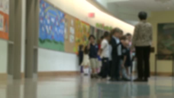 Учитель выстраивает учеников гимназии в ряд в коридоре (1 из 2) ) — стоковое видео