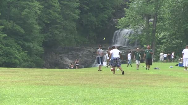 Giovani che giocano a palla in un parco con una cascata sullo sfondo (1 di 4 ) — Video Stock