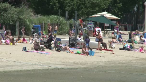 Persone in piccola spiaggia con ombrelloni — Video Stock