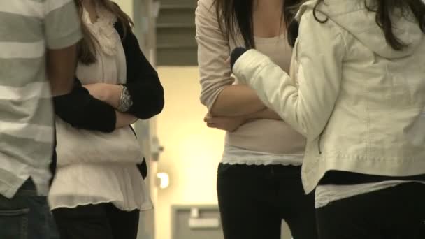 Девочки из средней школы разговаривают перед классом — стоковое видео