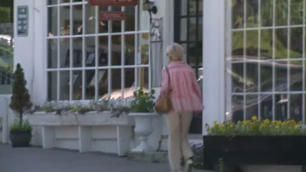 Woman walking in front of store with paned windows and window boxes — Stock Video