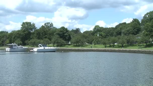Две небольшие лодки пришвартованы вдоль берега . — стоковое видео