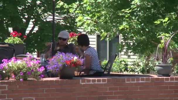 Gente comiendo en un café con paredes de ladrillo y flores en maceta — Vídeos de Stock