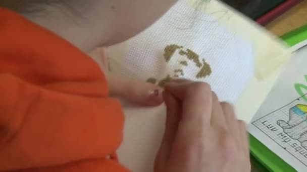 Grammar schoolstudent doet needlepoint — Stockvideo