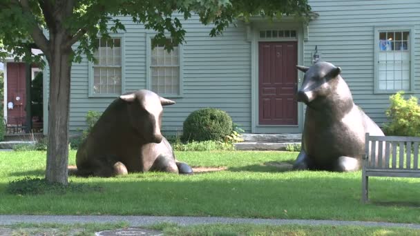 Deux monuments de taureaux devant un bâtiment antique — Video