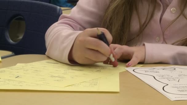 Gymnasiast arbeitet im Klassenzimmer an Papier (3 von 4)) — Stockvideo