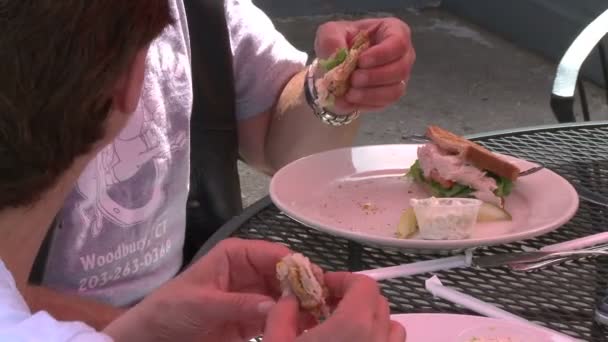 Person som äter en Club Sandwich (2 av 2) — Stockvideo