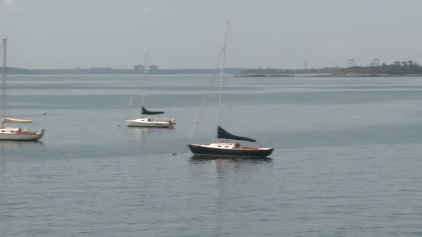 Small boats moored in the harbor — Stock Video