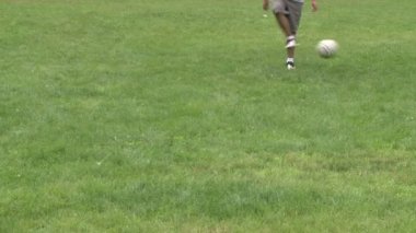 Bir piknikte bir parkta futbol oynayan çocuklar
