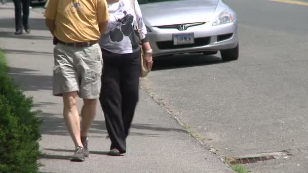 Ett äldre par promenader ner på trottoaren — Stockvideo