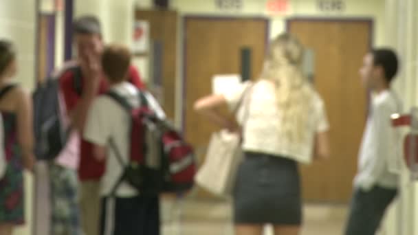 Estudiantes de secundaria de pie en el pasillo — Vídeos de Stock