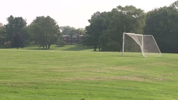 En målvakt som är netto på en tom fotbollsplan (2 av 2) — Stockvideo