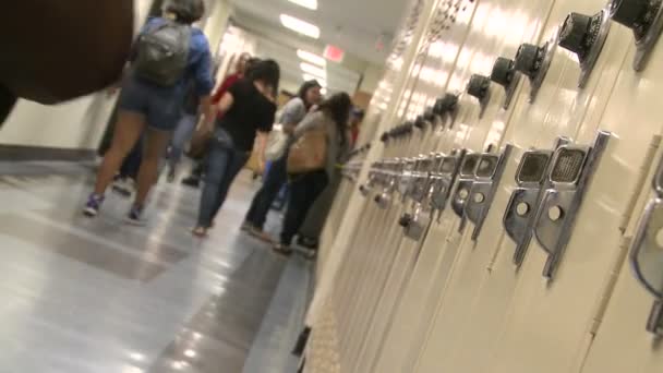 Studenti delle scuole medie che camminano lungo il corridoio vicino agli armadietti (5 di 7 ) — Video Stock