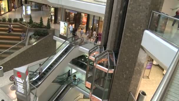 Shoppers in winkelcentrum in de buurt van roltrappen en liften — Stockvideo