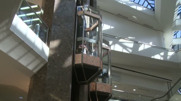 Following elevator as it descends in mall — Stock Video