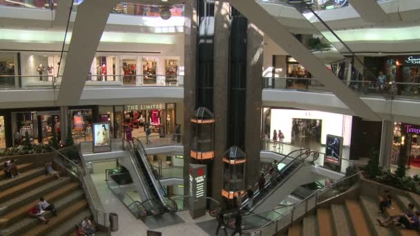Αγοραστές σε εμπορικό κέντρο κοντά κυλιόμενες σκάλες και ανελκυστήρες (Ασανσέρ) — Αρχείο Βίντεο