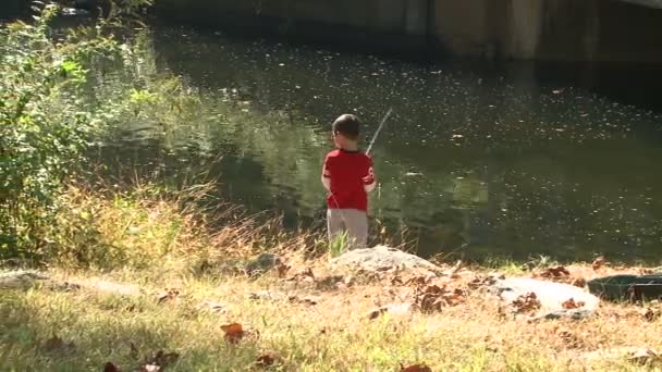 Niño pescando en el lago — Vídeo de stock