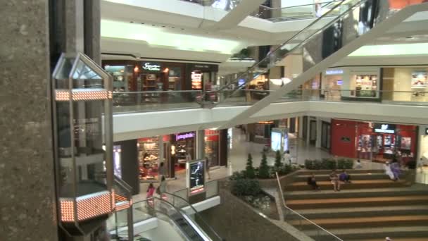 Покупатели в торговом центре возле эскалаторов и лифтов — стоковое видео