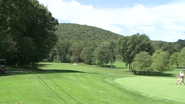 Tres golfistas preparándose para el putt — Vídeo de stock