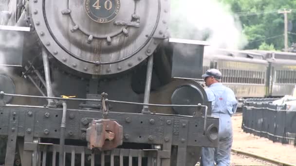 Engineer looking over train (1 of 2) — Stock Video