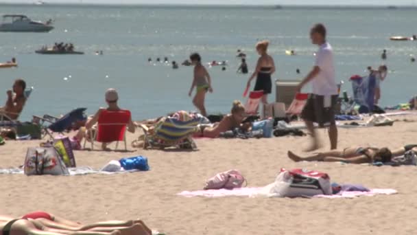 People sunbathing at a sandy beach — Stock Video