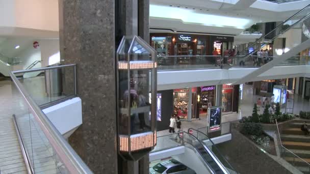 Shoppers in winkelcentrum in de buurt van roltrappen en liften — Stockvideo