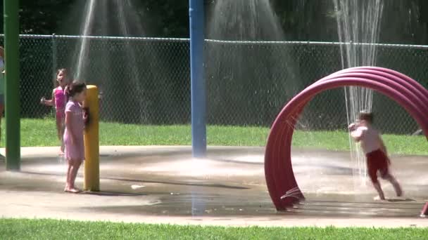 Kinder spielen im Park-Sprinkler — Stockvideo