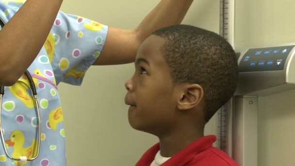 Une infirmière ou un assistant médical pèse et mesure un enfant — Video
