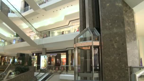 Shoppers in mall near escalators and elevators — Stock Video