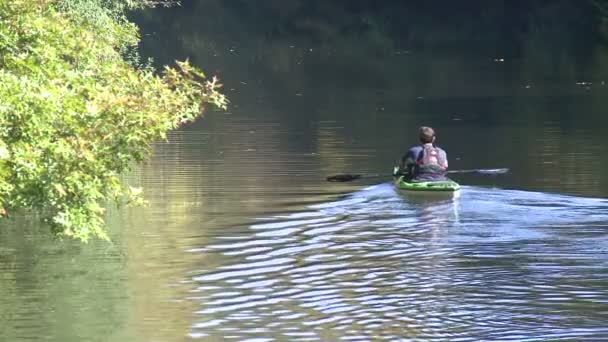 Людина на байдарках, плаваючі на озері — стокове відео