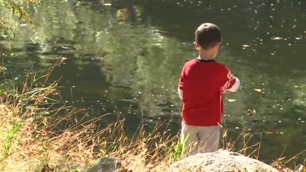 Jeune garçon pêche sur le lac — Video