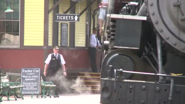 Schaffner vor dem Zug am Bahnhof (2 von 3)) — Stockvideo