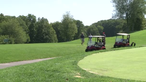 Twee golfkarretjes met golfers wachten tot putt — Stockvideo