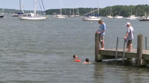 I bambini saltano dal molo in acqua (2 di 3 ) — Video Stock