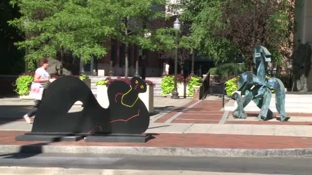 Женщина ходит по скульптурам по тропинке — стоковое видео