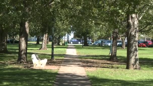 Sidewalk through park with an empty bench — Stock Video