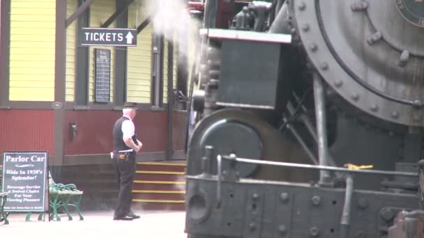 (3 из 3): Проводник, идущий вне поезда на станции. ) — стоковое видео