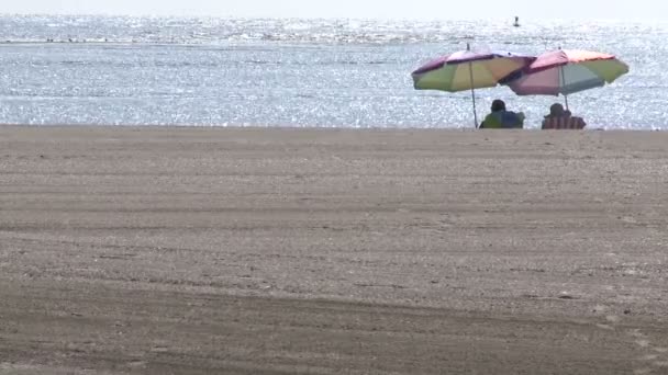 Twee personen onder parasols op zand — Stockvideo