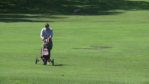 Onun golf kulüpleri arasında delik (1 / 3 wheeling adam) — Stok video