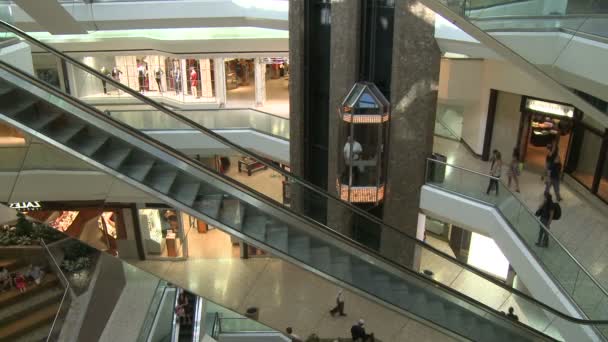 Acquirenti in centro commerciale vicino scale mobili e ascensori — Video Stock