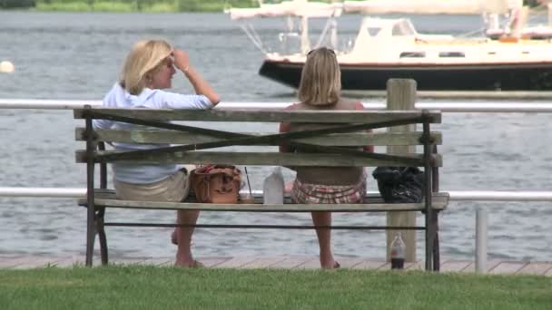 Γυναίκες να χαλαρώσετε σε ένα παγκάκι δίπλα στο νερό — Αρχείο Βίντεο
