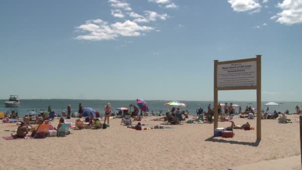 Personas tomando el sol en una playa de arena — Vídeo de stock