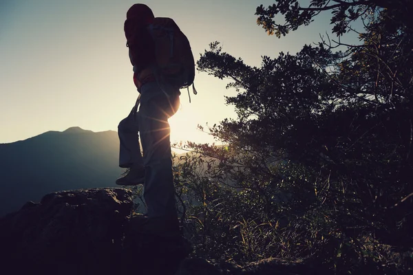 Mulher caminhante no pico da montanha — Fotografia de Stock